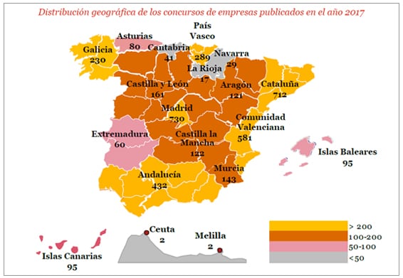 Distribución geográfica de los concursos de empresas publicadas en el año 2017